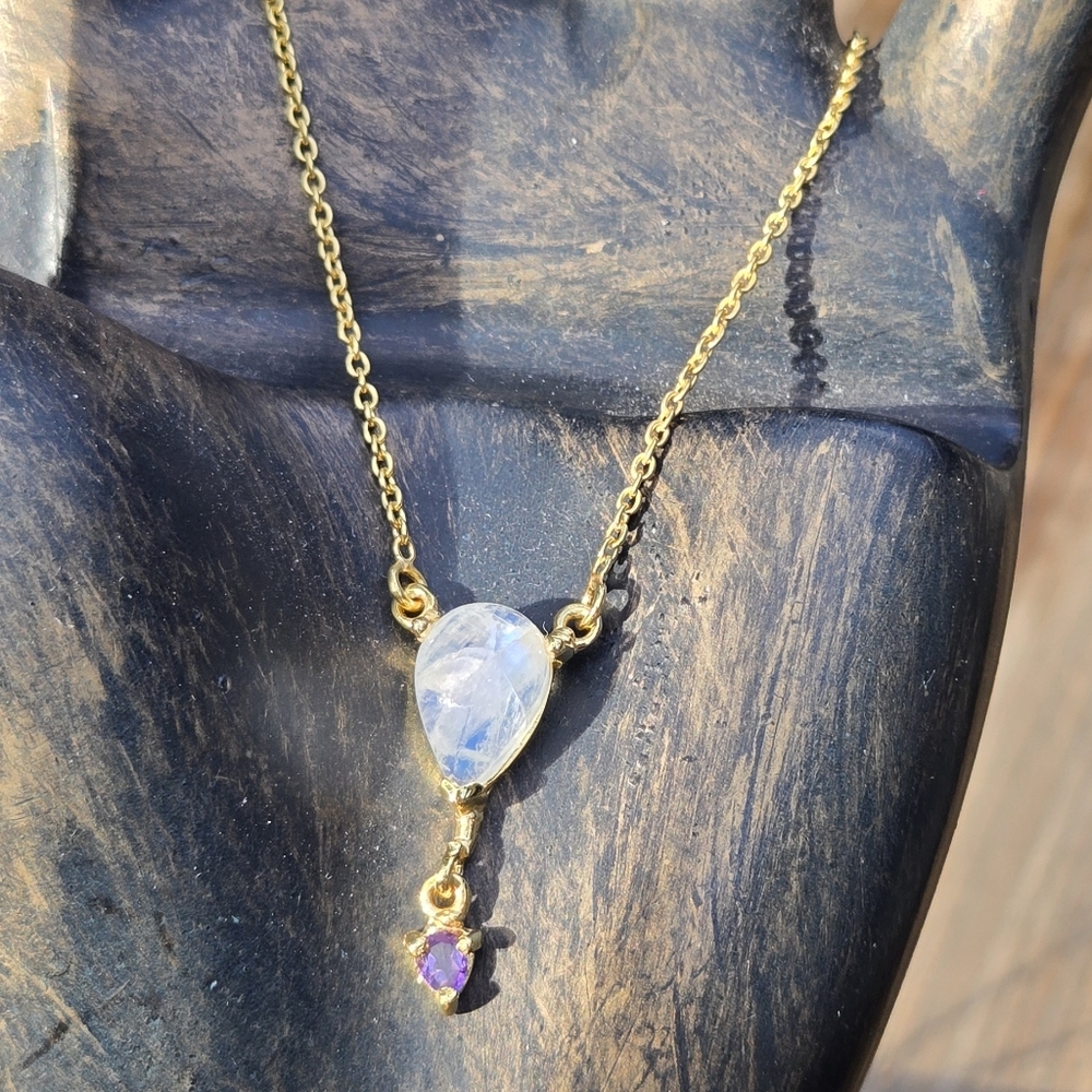 Moonstone & Amethyst Natural Gemstone Sterling & Gold 18" Necklace - Picture 8 of 13